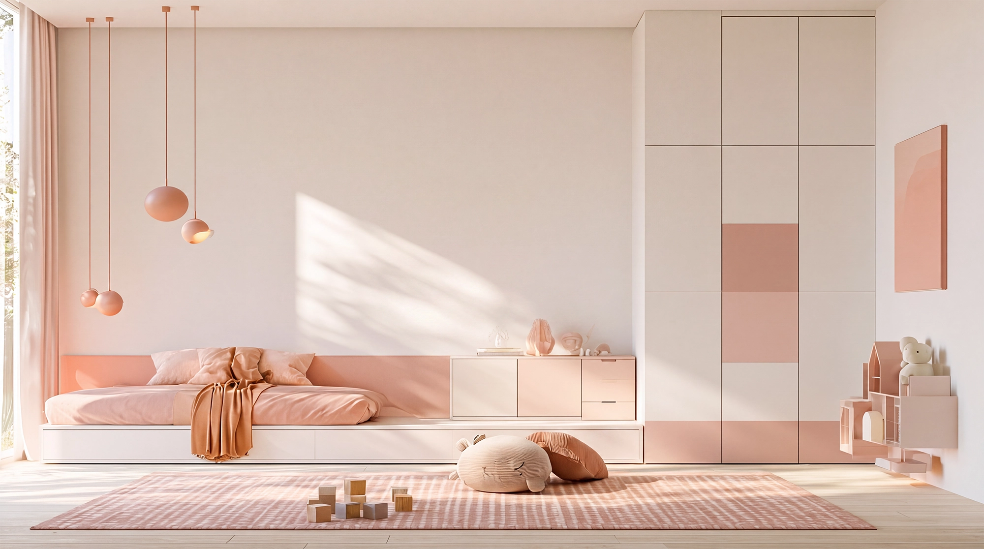 Homedecor für Kinderzimmer: abstraktes Wandbild in einem Kinderzimmer in Rosétönen