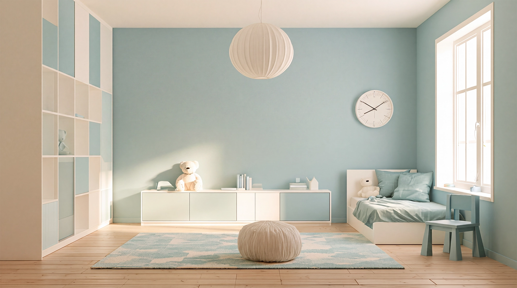 Wandgestaltung für die Kinderwelt: abstraktes Wandbild in einem Kinderzimmer in Salbeitönen